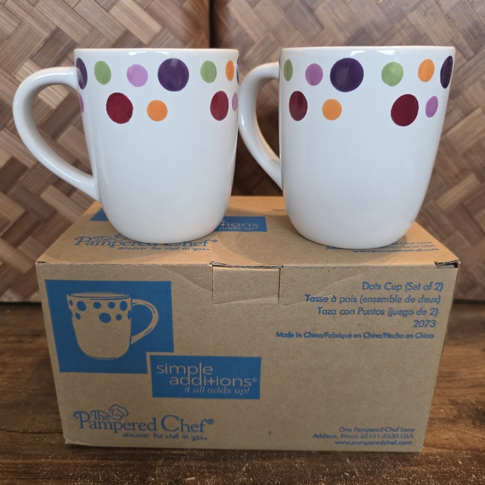 Pampered Chef Simple Additions Dots Coffee Mugs Cups #2073‎ Set of 2 New In Box